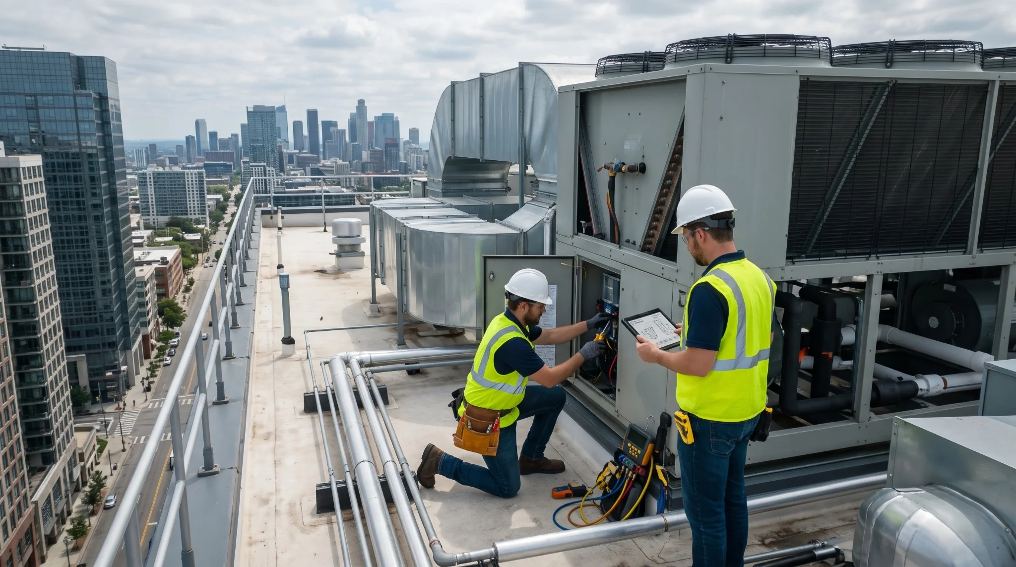 Commercial HVAC Contractors Working on Rooftop Equipment